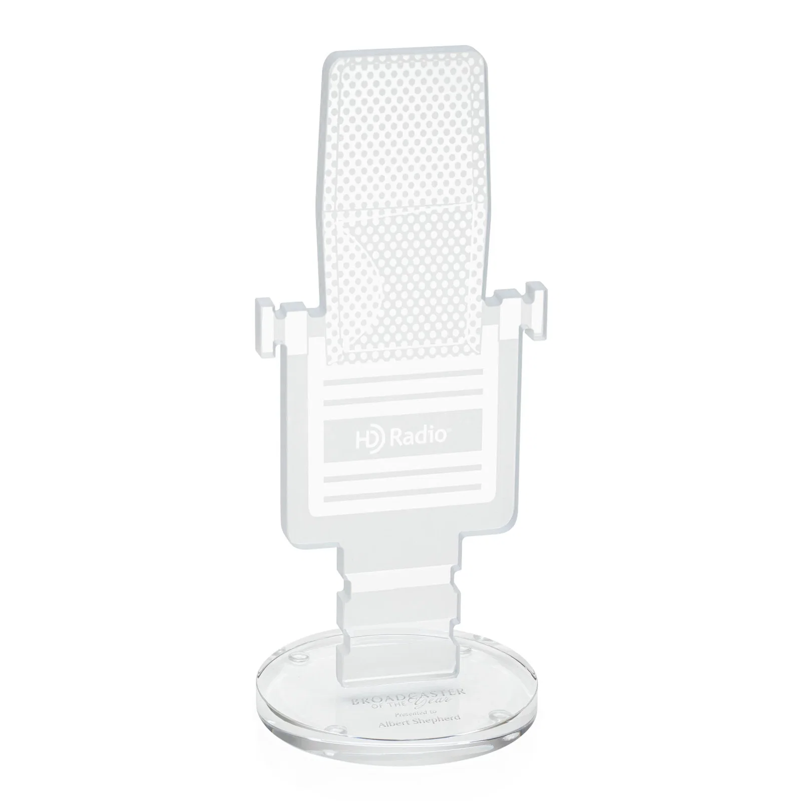 Custom Starfire Crystal Microphone Award on Round Base for employee recognition