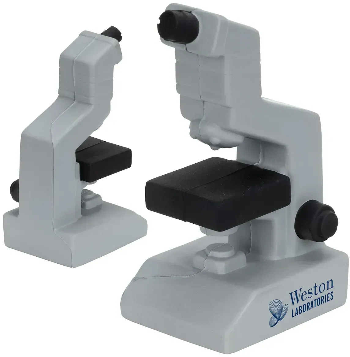 Microscope custom stress reliever shaped like a lab microscope, branded science and education promotional logo giveaway