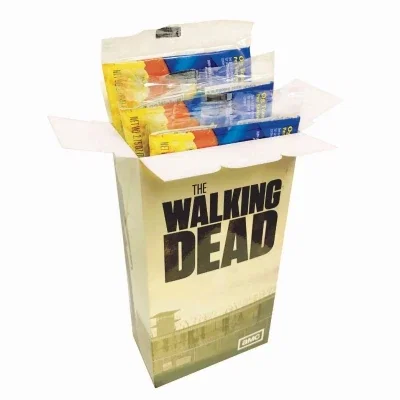 White carton holding three microwave popcorn bags, printed on the front panel