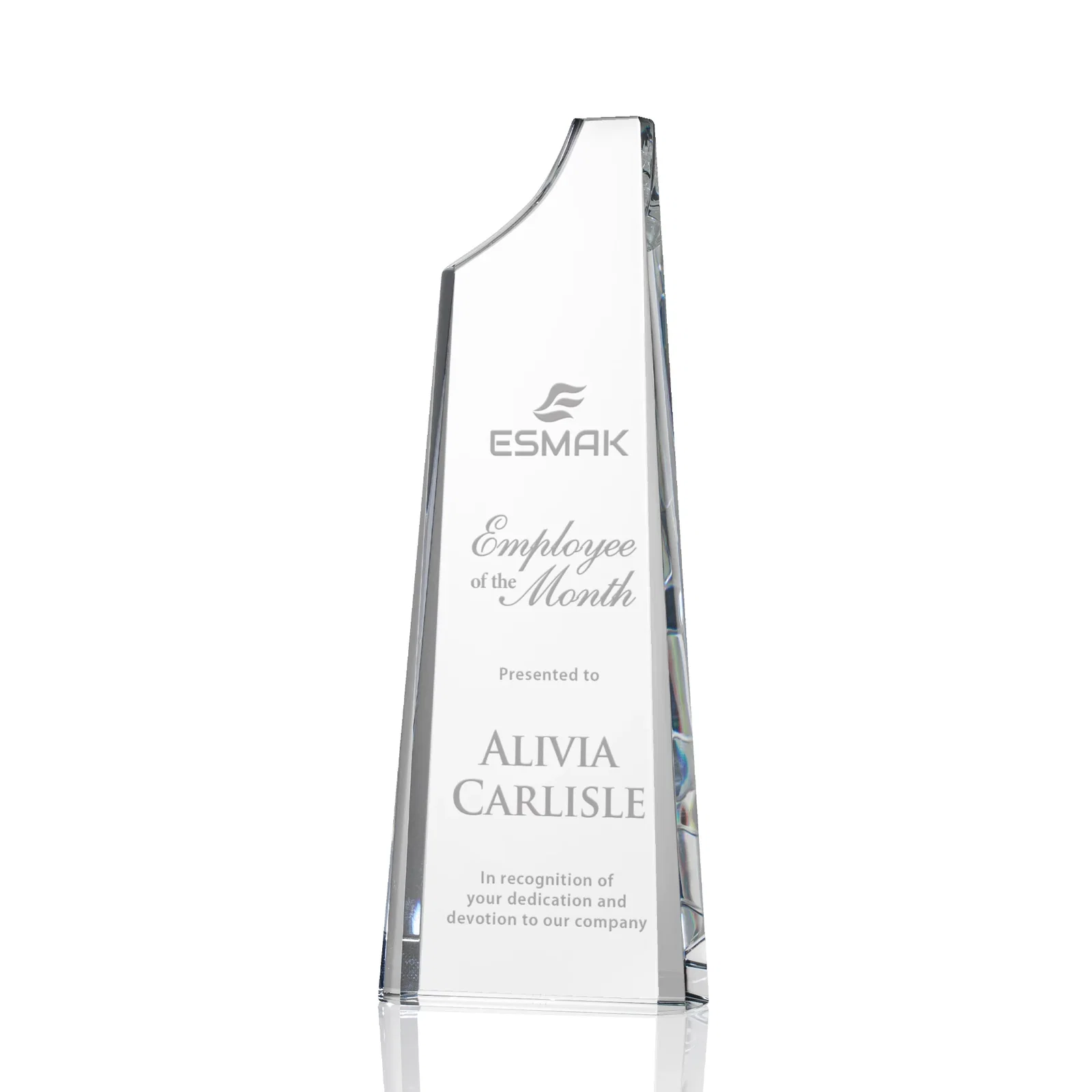 Custom Optical Crystal Tower Award, Grooved Top on a Freestanding Base for service anniversary gifts