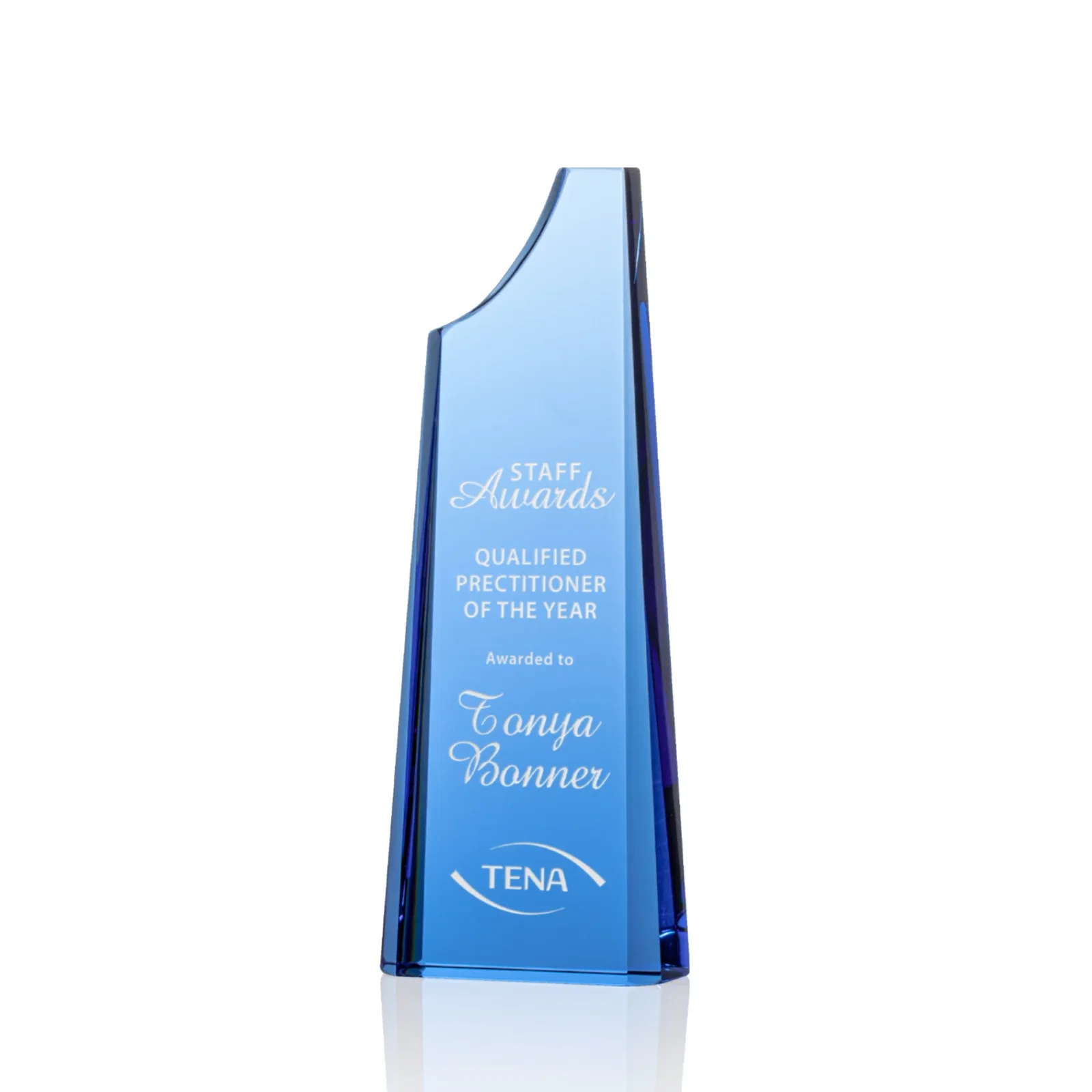 Custom Optical Crystal Tower Award, Grooved Top on a Freestanding Base for team milestone celebrations
