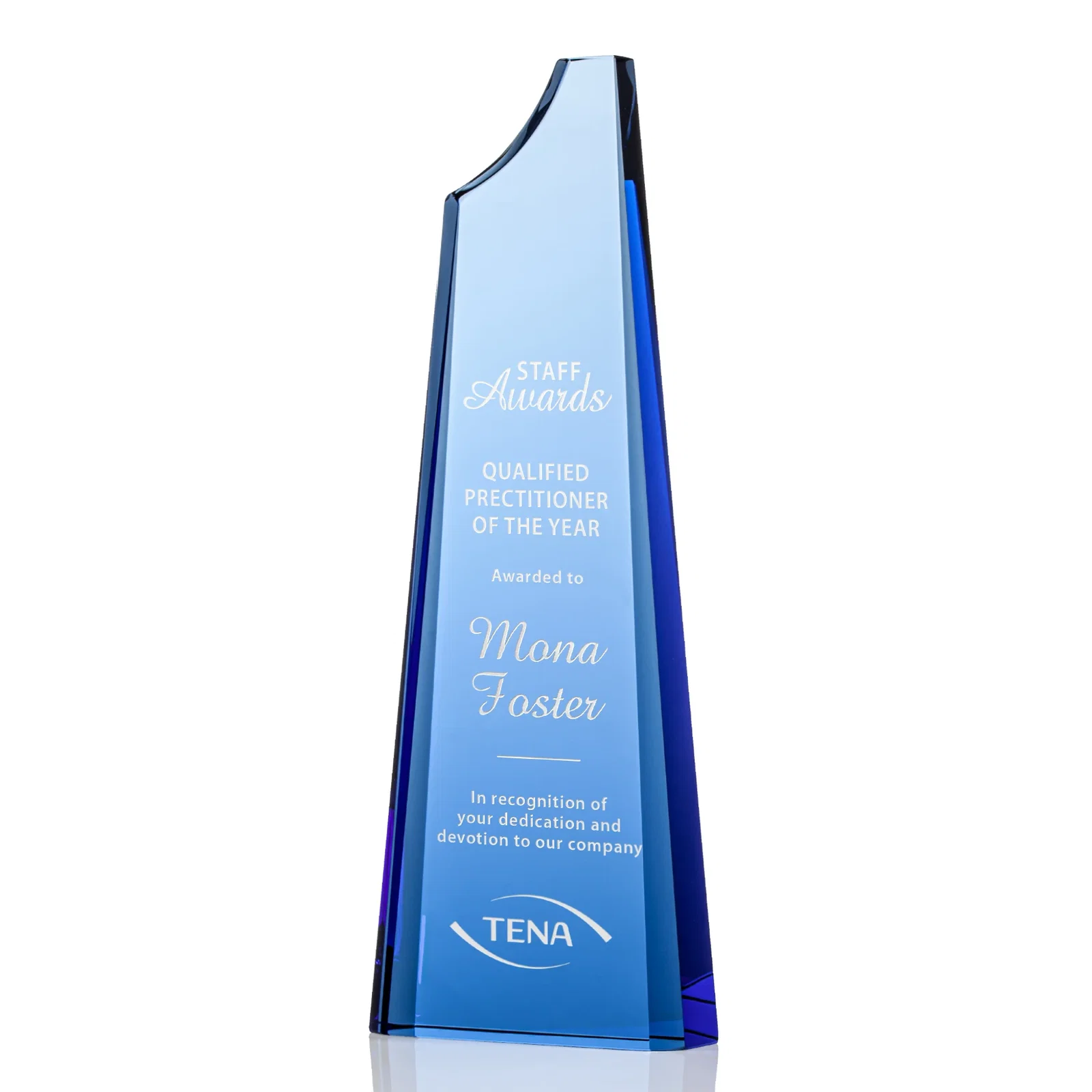 Custom Optical Crystal Tower Award, Grooved Top on a Freestanding Base for graduation ceremonies