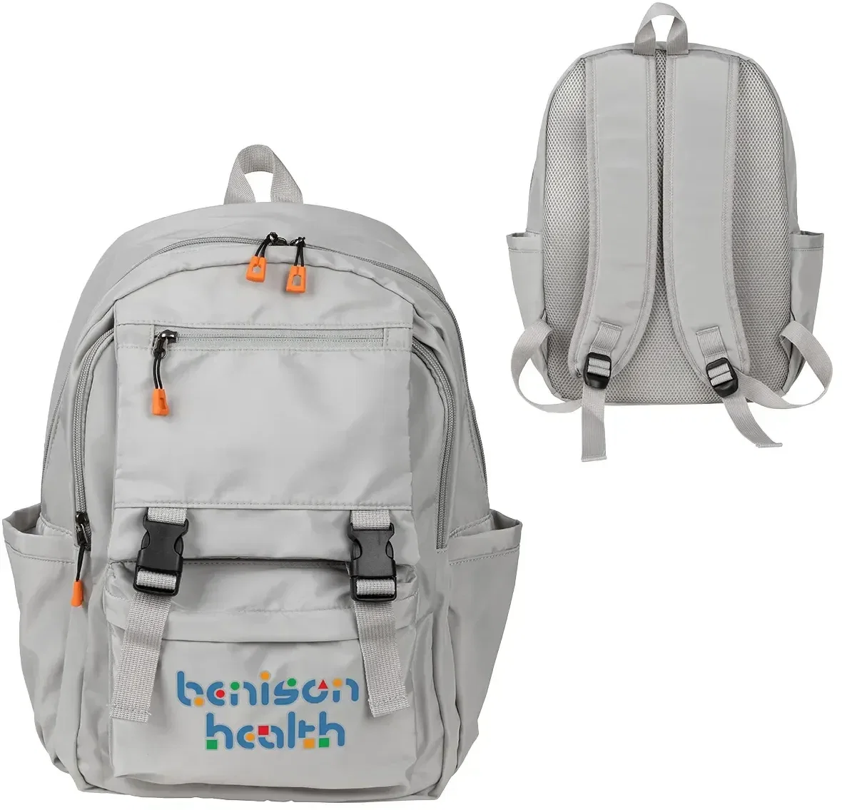 Custom Midtown buckle-front backpack daypack, front view