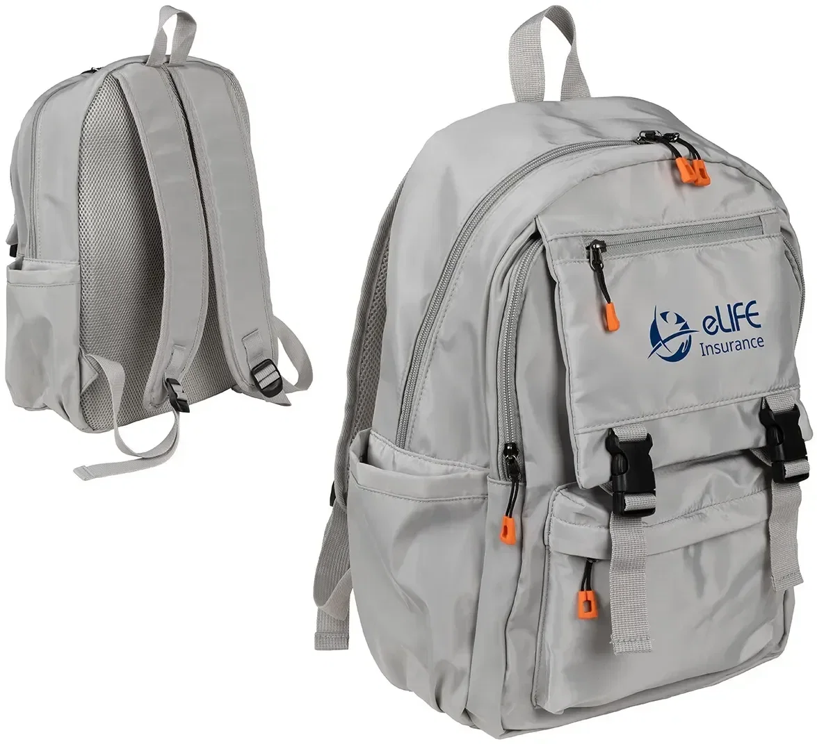 Branded buckle-front backpack, side profile