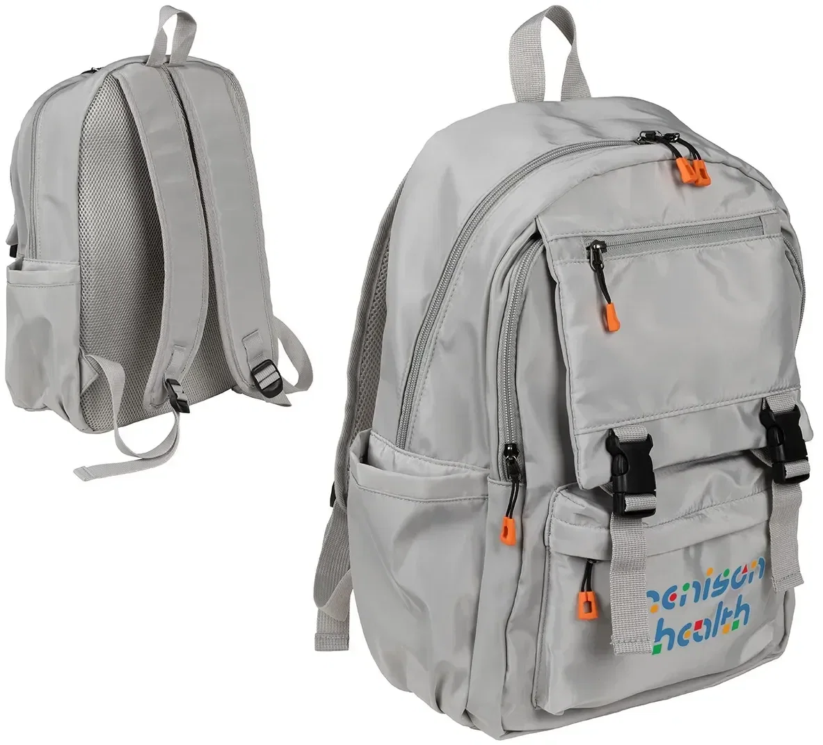 Custom buckle-front daypack with logo imprint area, back view