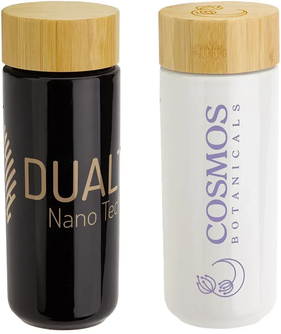 Milan 10 oz bamboo-lid ceramic tumbler with custom logo, front view of branded ceramic cup