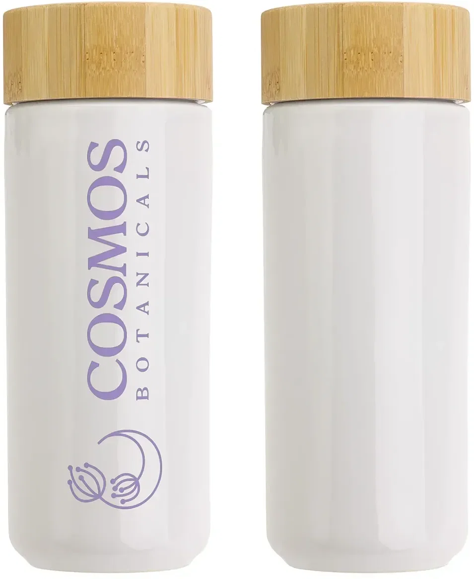 Side profile of the promotional Milan double-wall ceramic tumbler with bamboo lid