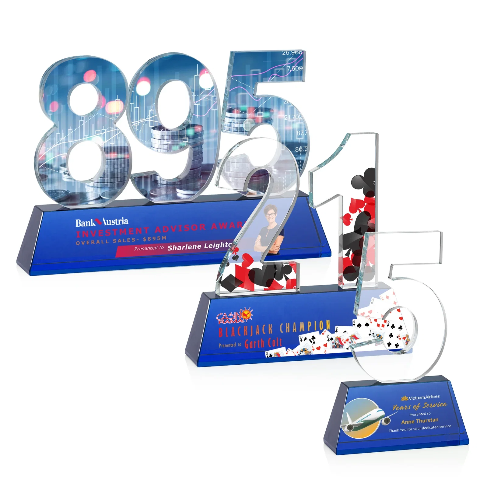 Custom Optical Crystal Milestone Number Award, One to Three Digits, awards for volunteer appreciation