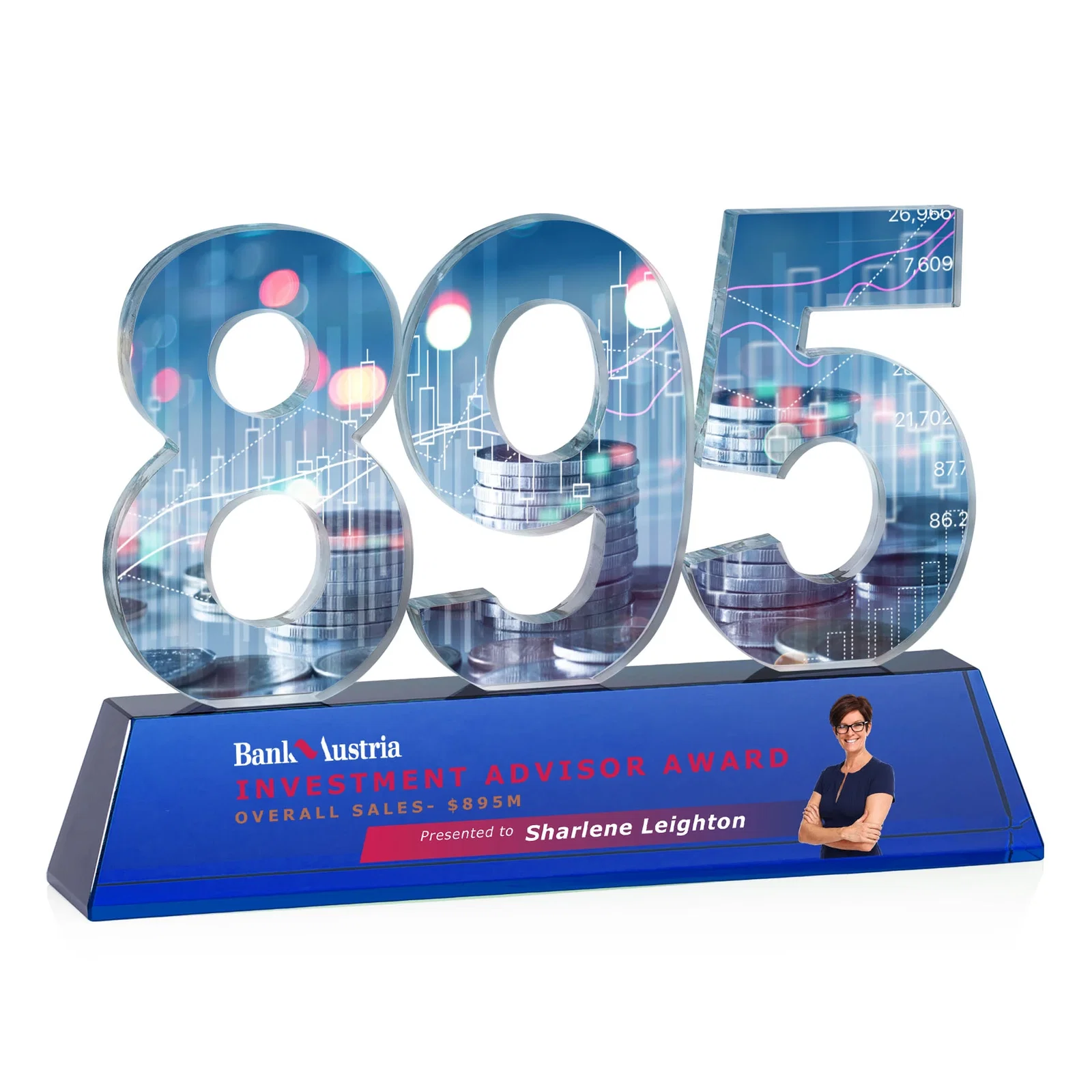 Personalized Optical Crystal Milestone Number Award, One to Three Digits, awards for sales achievement awards