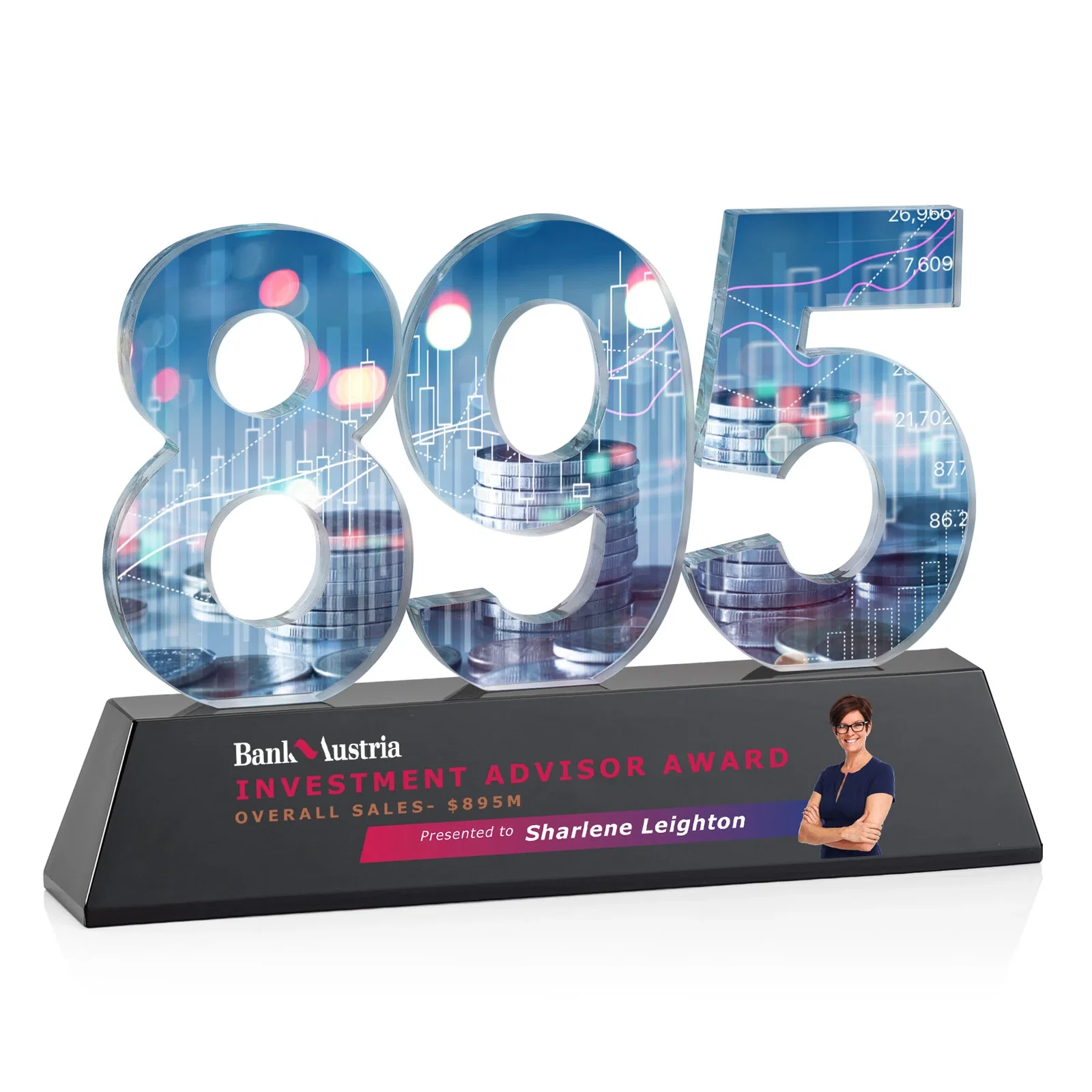 Promotional Optical Crystal Milestone Number Award, One to Three Digits, awards for sales achievement awards