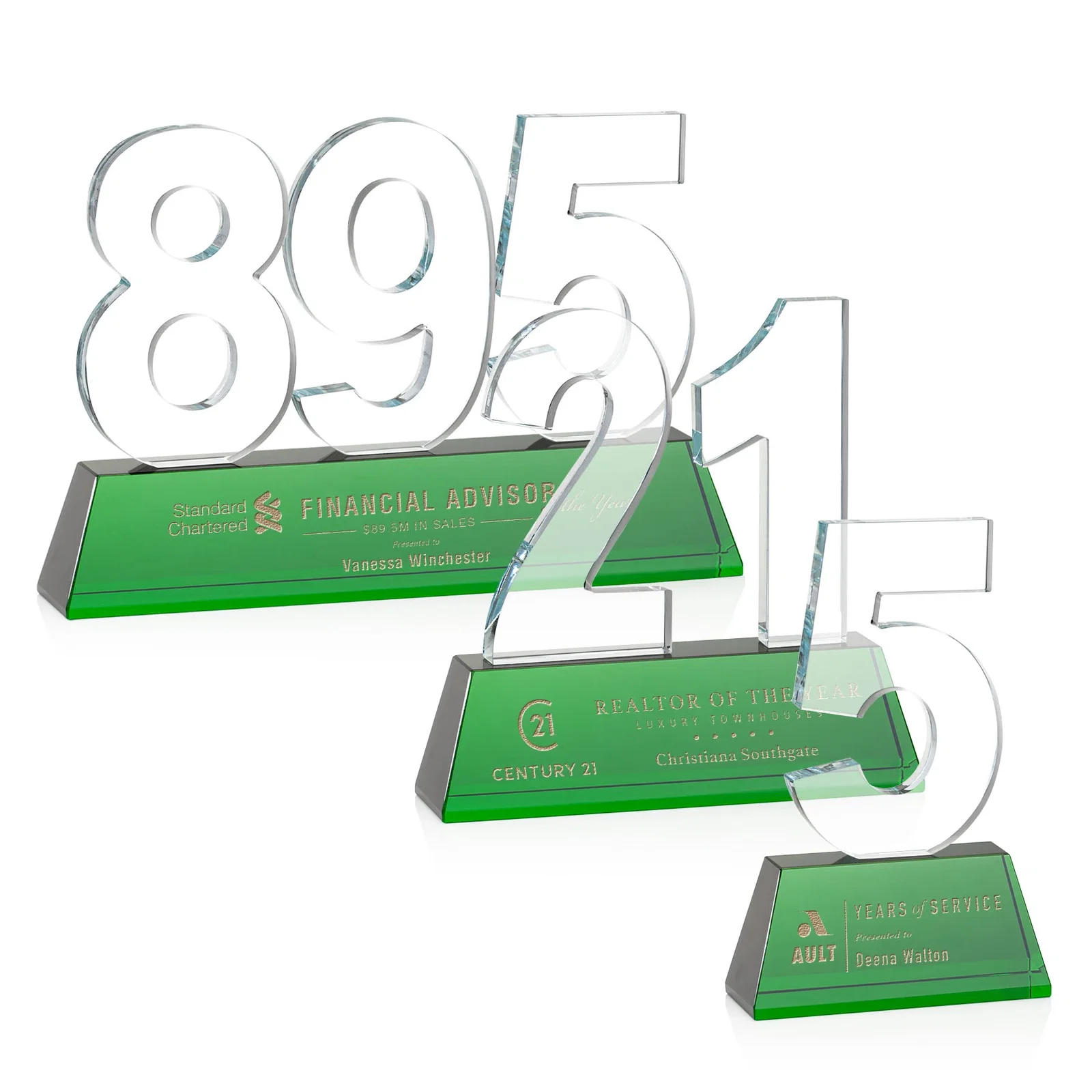 Promotional Optical Crystal Milestone Number Award, One to Three Digits, awards for retirement presentations
