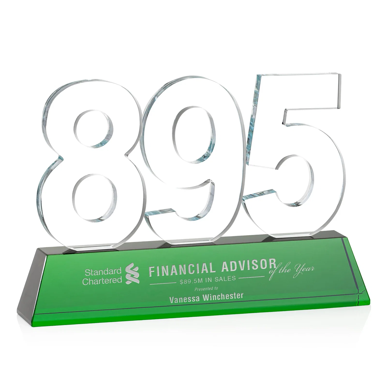 Branded Optical Crystal Milestone Number Award, One to Three Digits, awards for employee recognition