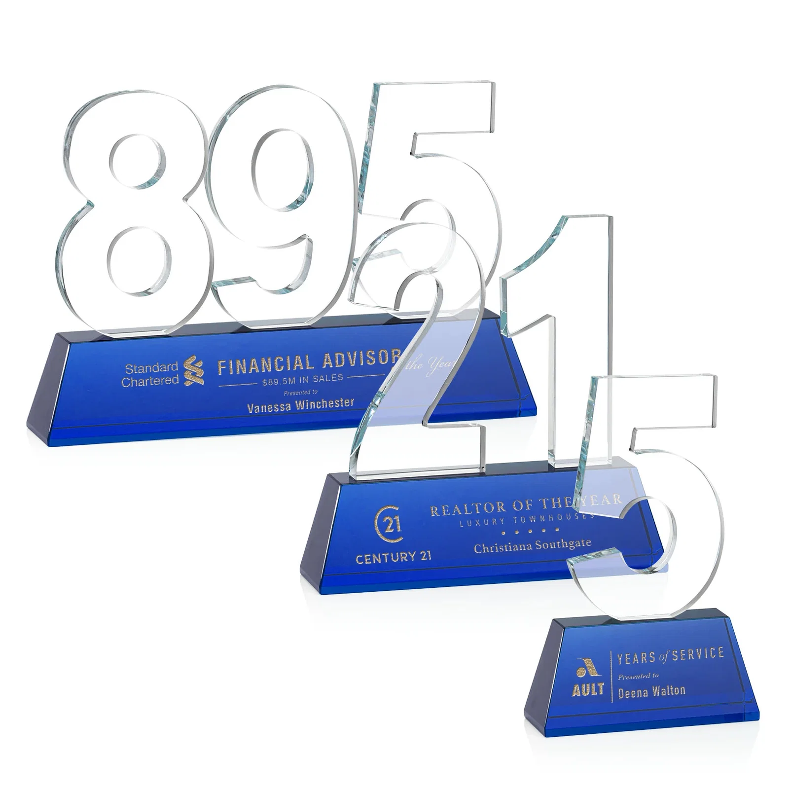 Branded Optical Crystal Milestone Number Award, One to Three Digits, awards for corporate award ceremonies