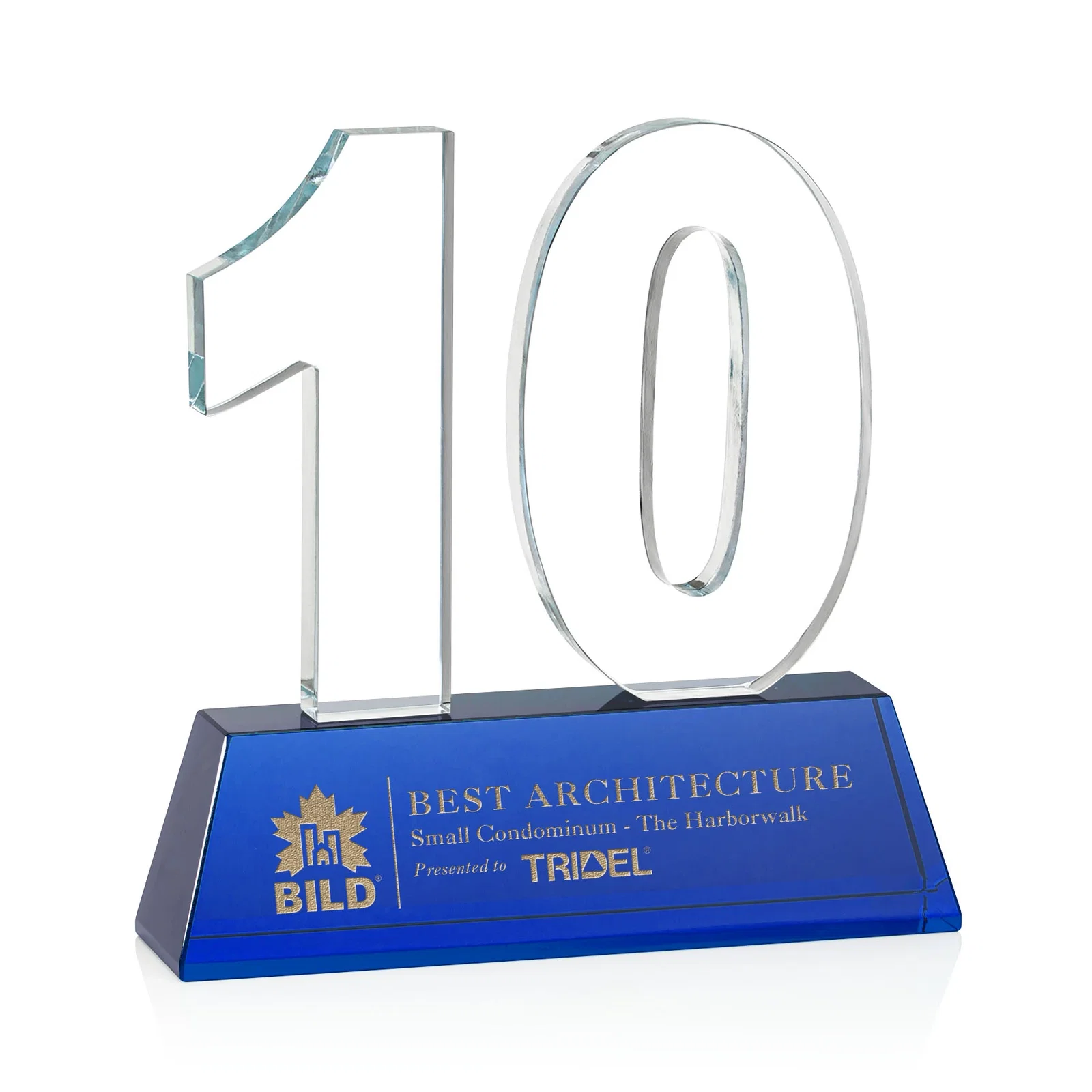 Branded Optical Crystal Milestone Number Award, One to Three Digits, awards for team milestone celebrations