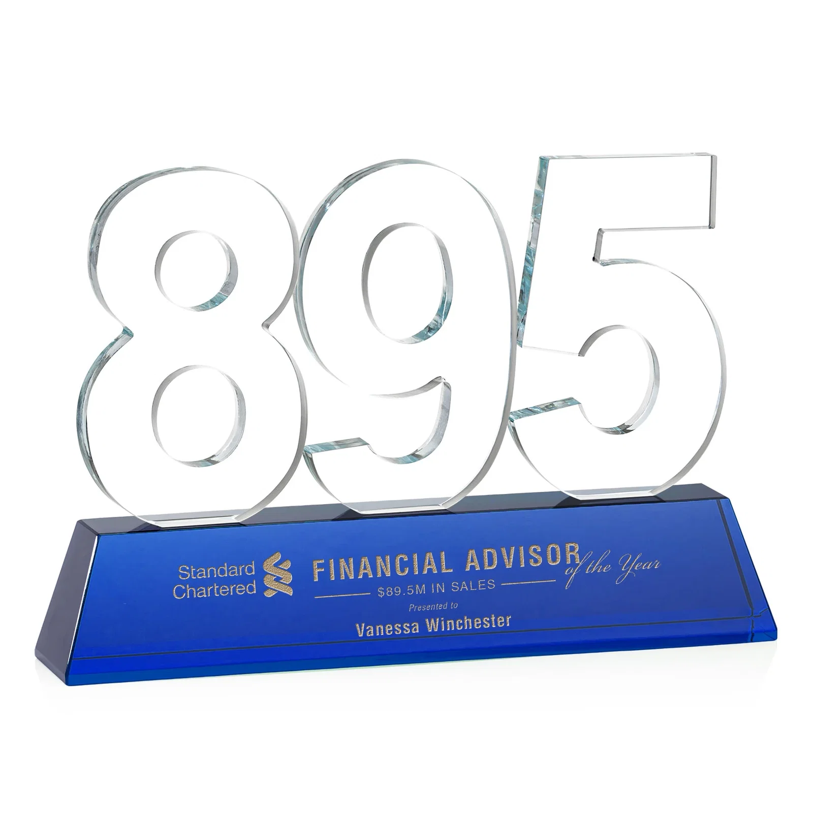 Branded Optical Crystal Milestone Number Award, One to Three Digits, awards for volunteer appreciation