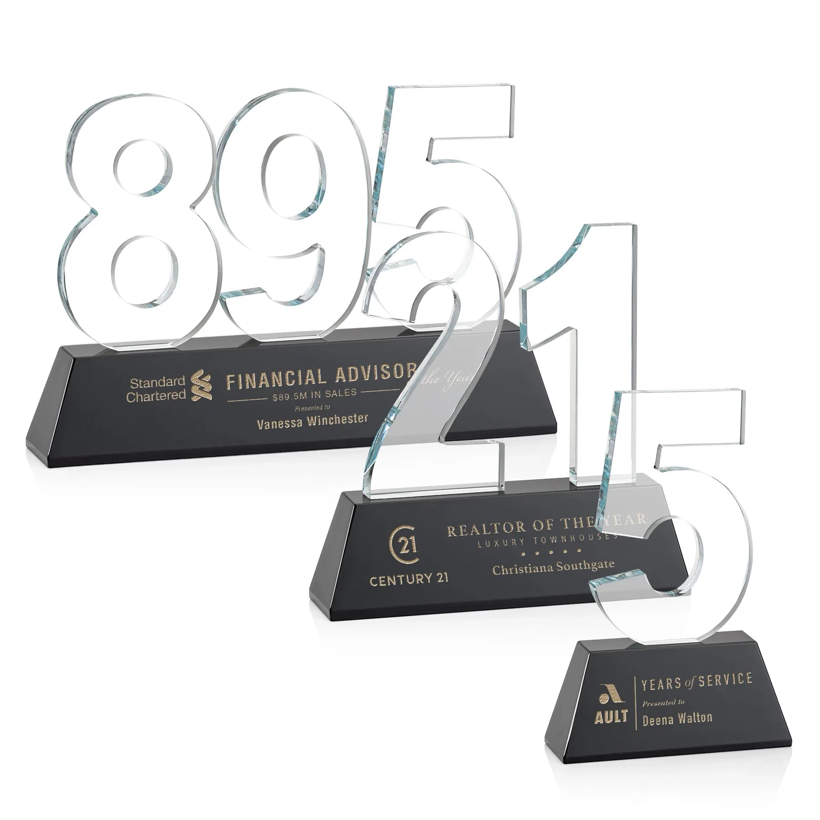 Branded Optical Crystal Milestone Number Award, One to Three Digits, awards for dealer and partner awards