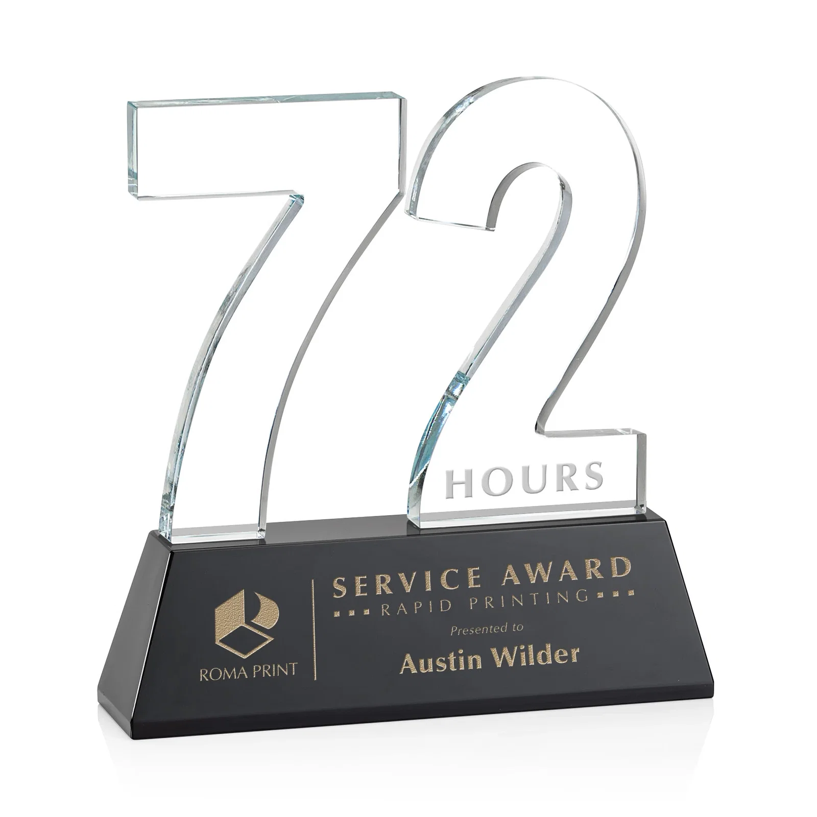 Custom printed Optical Crystal Milestone Number Award, One to Three Digits, awards for retirement presentations