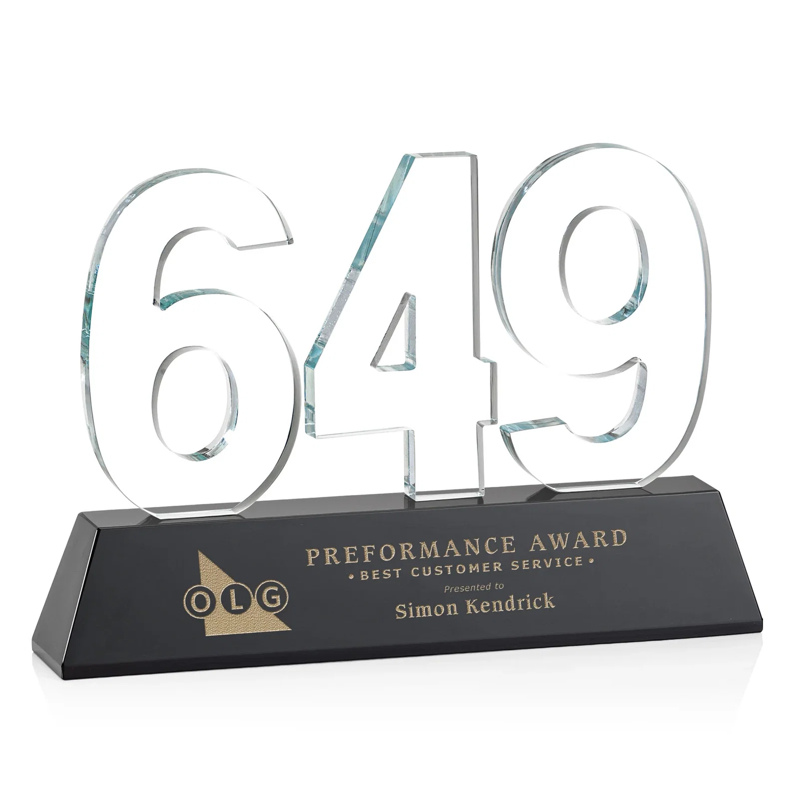 Custom printed Optical Crystal Milestone Number Award, One to Three Digits, awards for team milestone celebrations