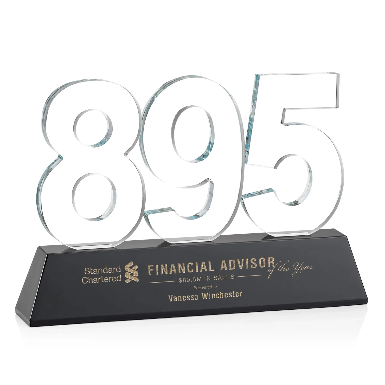 Custom printed Optical Crystal Milestone Number Award, One to Three Digits, awards for donor appreciation