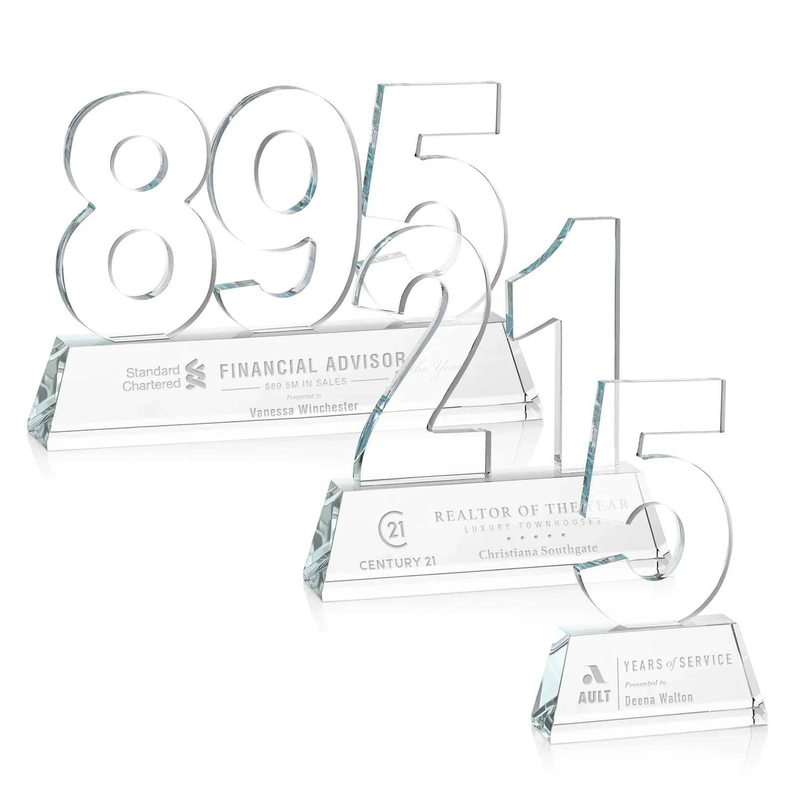 Custom printed Optical Crystal Milestone Number Award, One to Three Digits, awards for graduation ceremonies