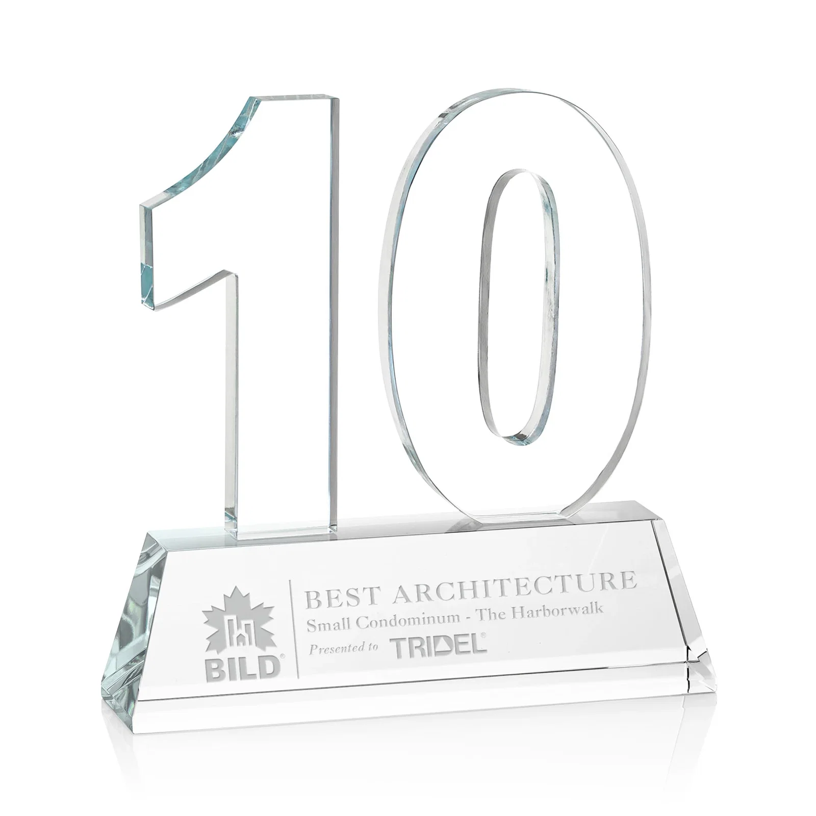 Custom printed Optical Crystal Milestone Number Award, One to Three Digits, awards for company anniversary events