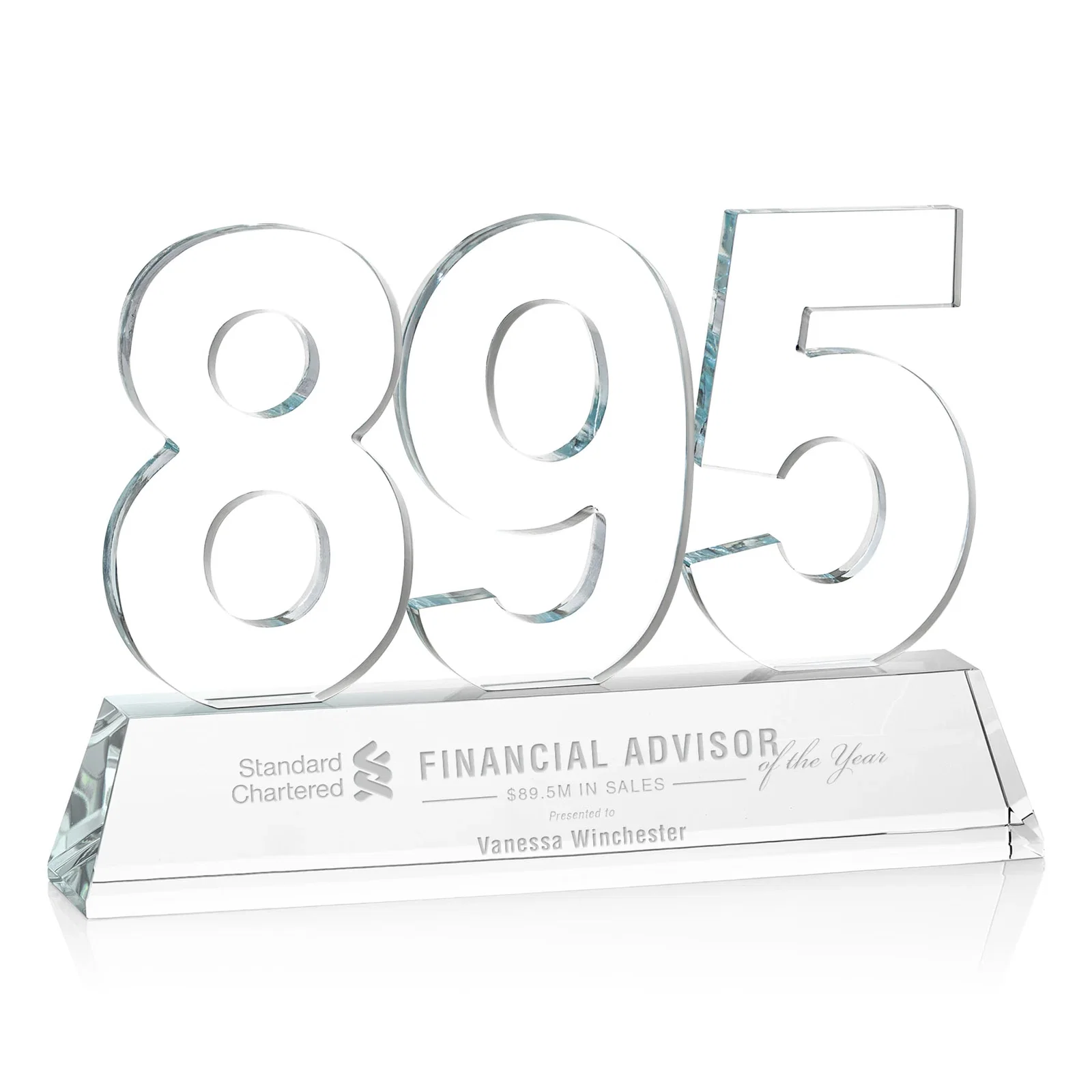 Customized Optical Crystal Milestone Number Award, One to Three Digits, awards for sales achievement awards