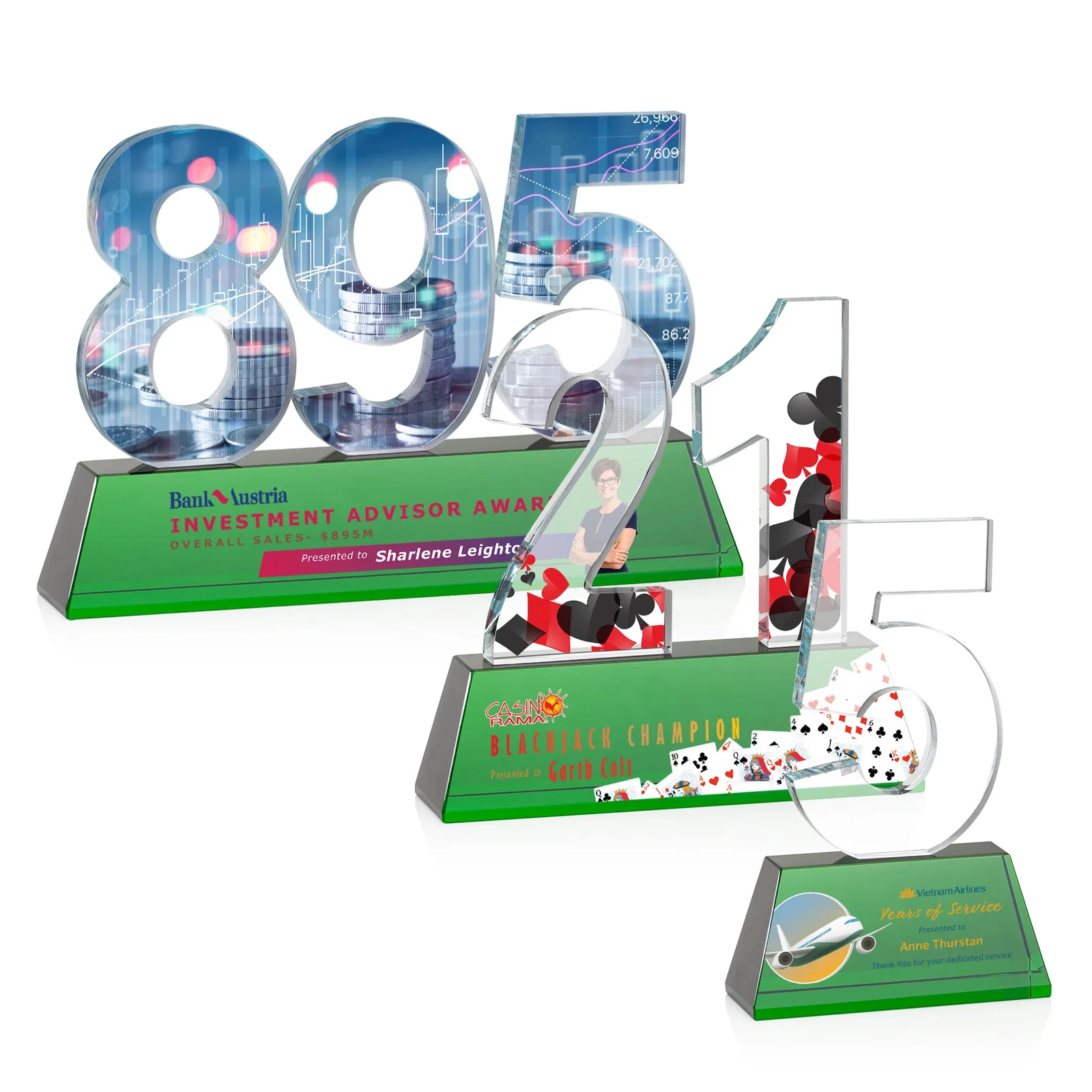 Customized Optical Crystal Milestone Number Award, One to Three Digits, awards for retirement presentations