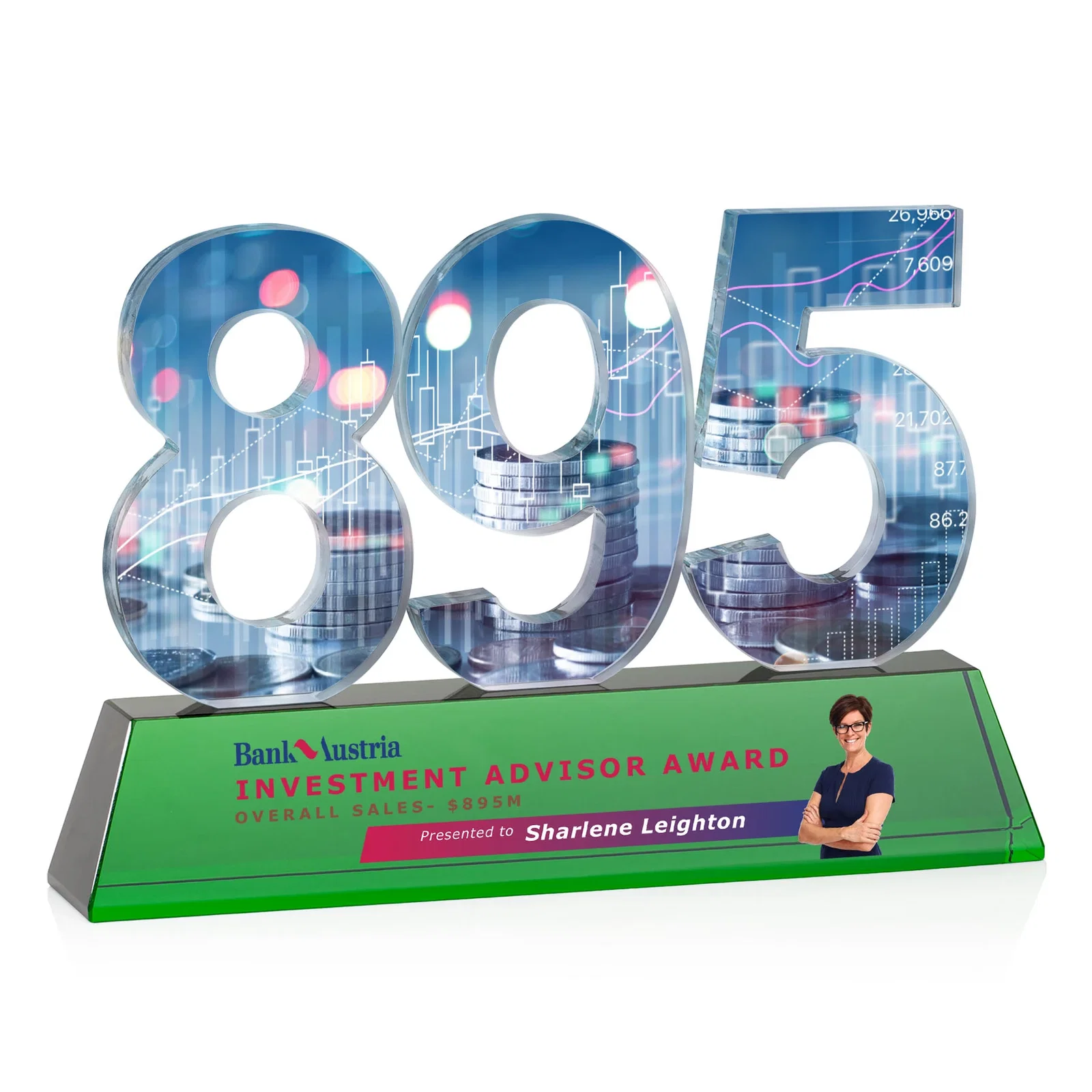 Customized Optical Crystal Milestone Number Award, One to Three Digits, awards for company anniversary events