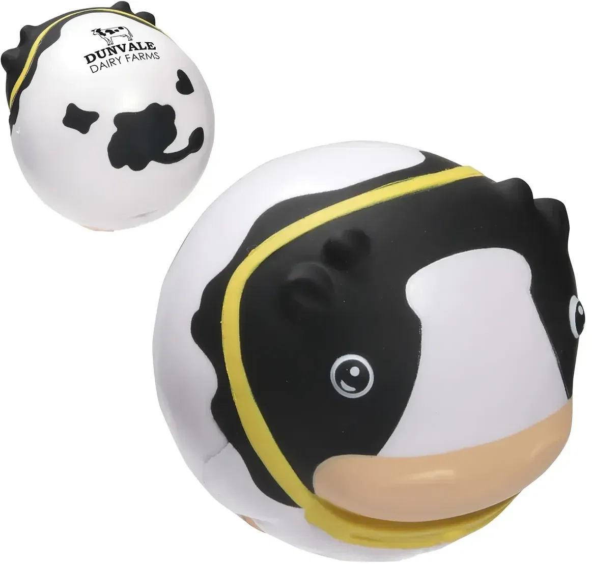 Cow-shaped custom wobbler stress reliever squeeze toy with logo branding, front view