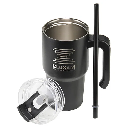 Custom branded Millenium 20 oz handled insulated mug, front view of promotional travel tumbler