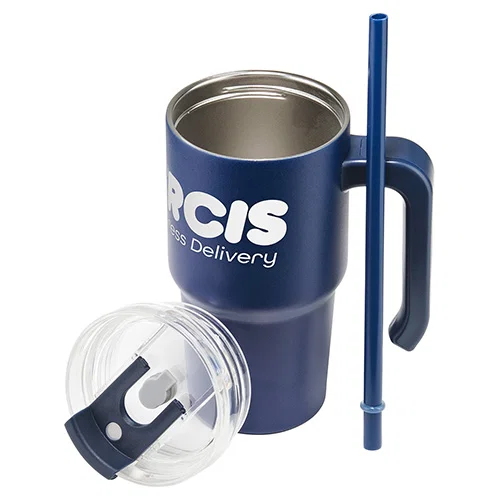 Promotional Millenium 20 oz insulated mug, side profile showing handle on custom branded tumbler