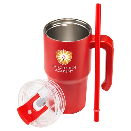 Branded Millenium 20 oz handled mug, angled view of custom promotional insulated travel tumbler