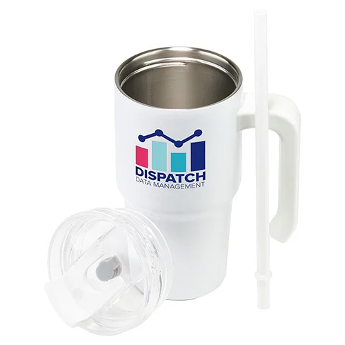 Close-up of Millenium 20 oz mug handle and lid, custom branded promotional insulated tumbler detail