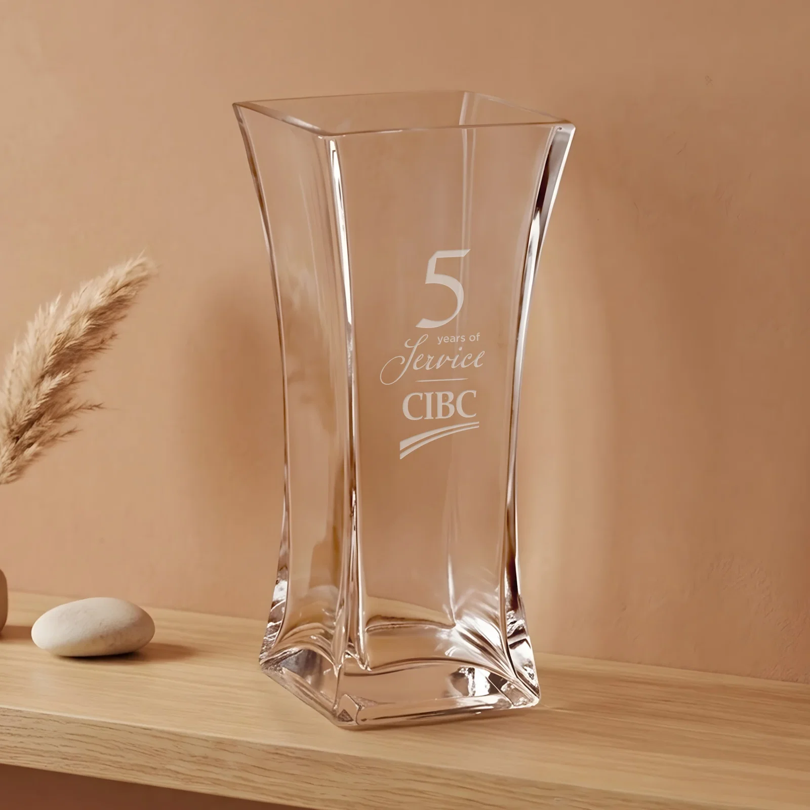 Custom Lead Free Crystalline Vase with Squared Base, Curved Sides for retirement presentations