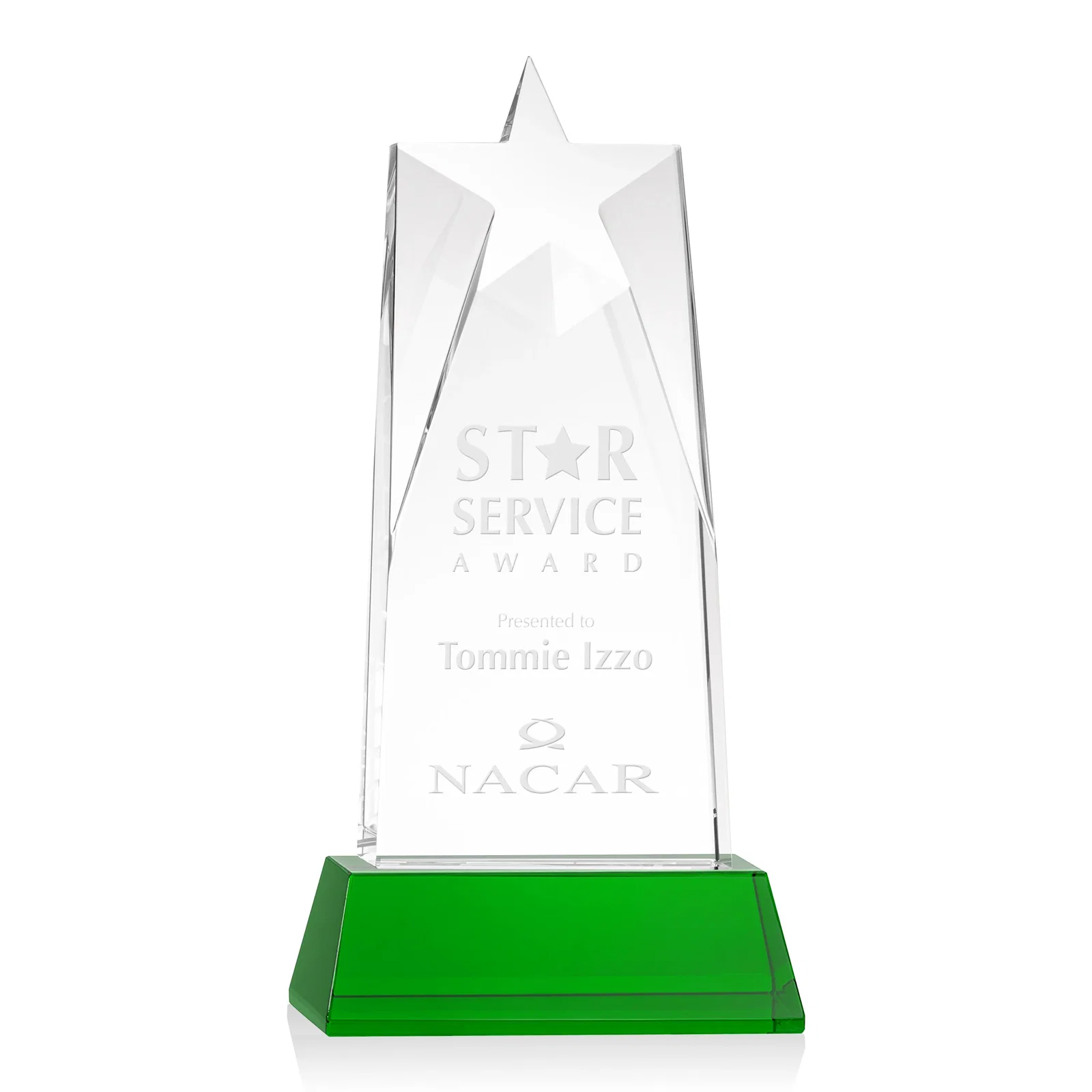 Personalized Optical Crystal Tower Award with Star-Shaped Cutout for employee recognition