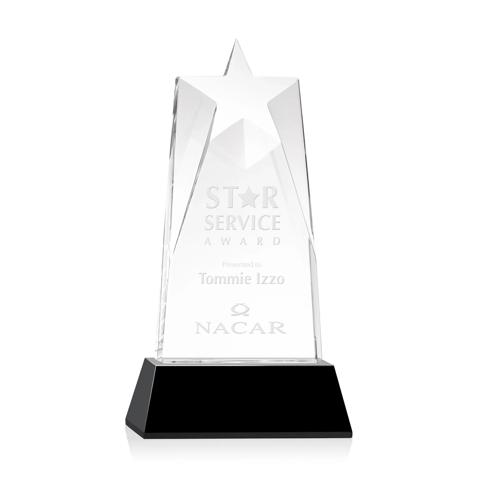 Personalized Optical Crystal Tower Award with Star-Shaped Cutout for sales achievement awards