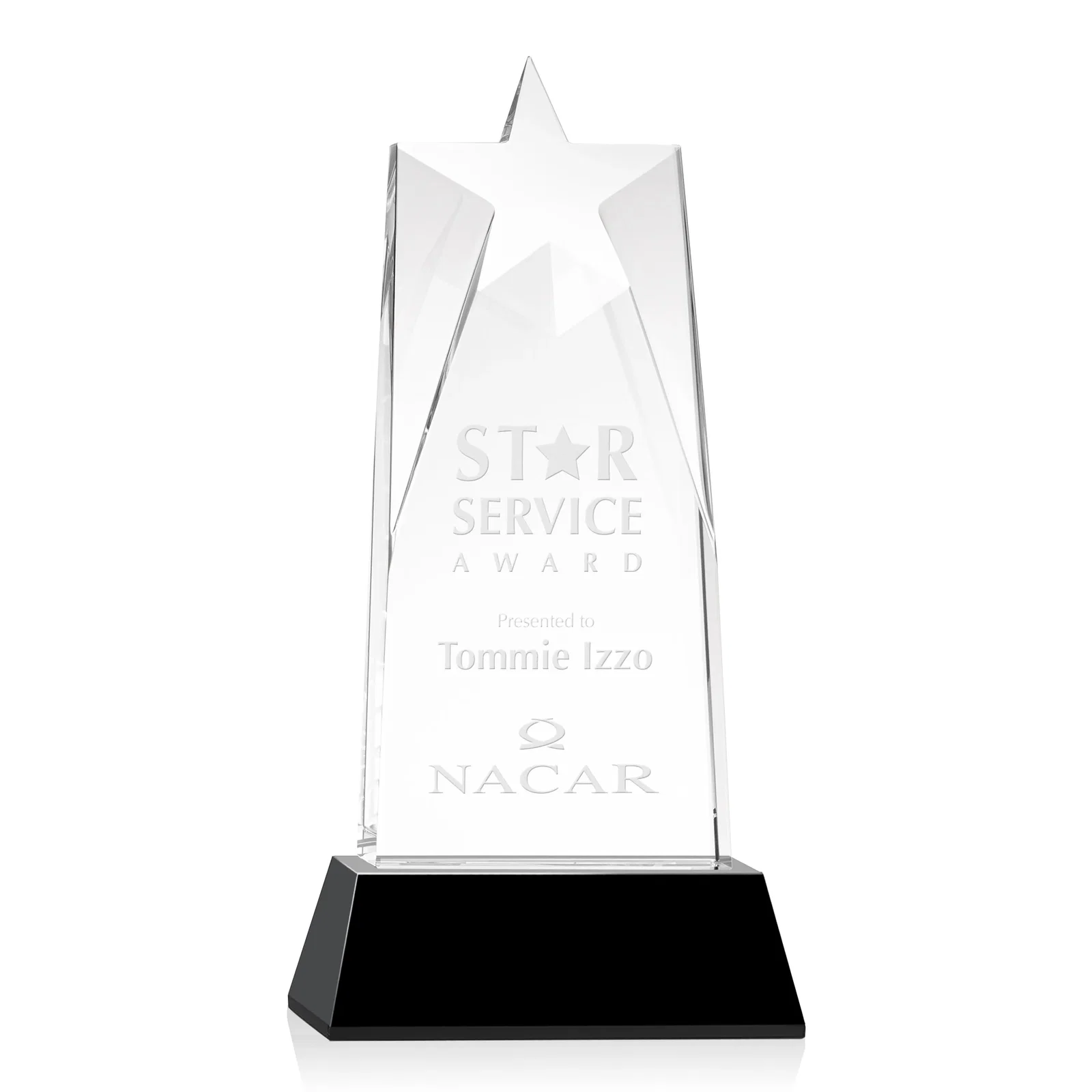 Personalized Optical Crystal Tower Award with Star-Shaped Cutout for retirement presentations