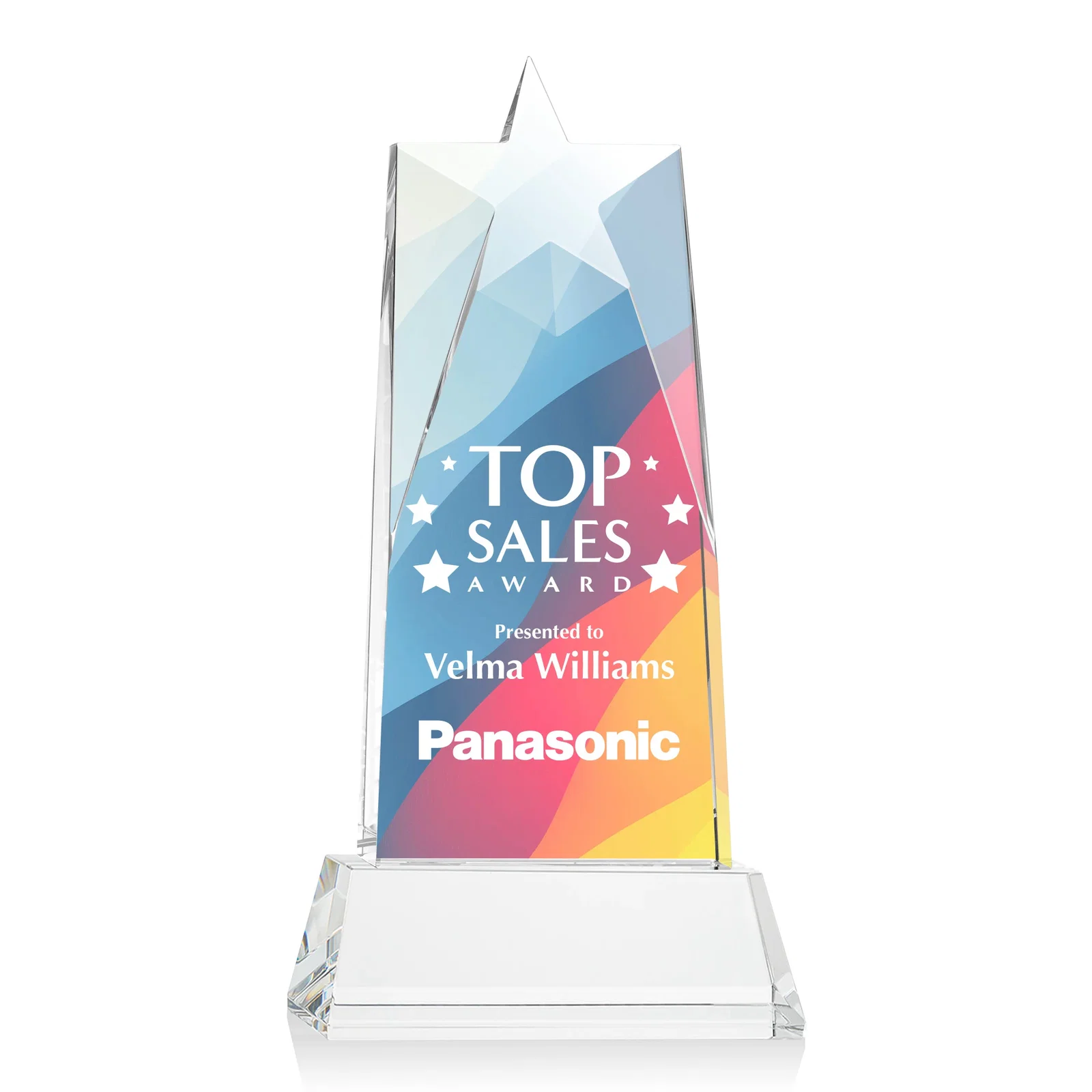Branded Optical Crystal Tower Award with Star-Shaped Cutout for retirement presentations