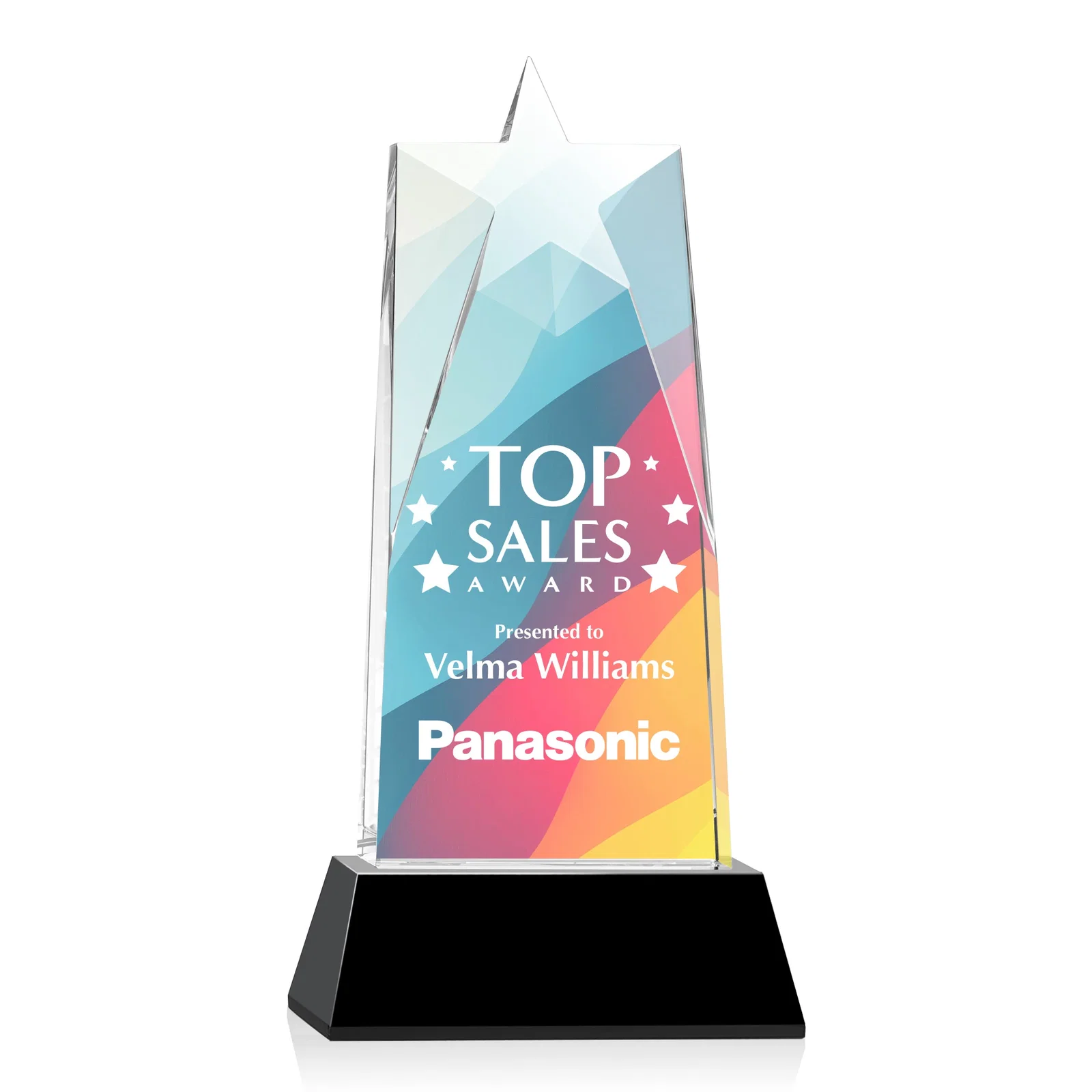 Custom printed Optical Crystal Tower Award with Star-Shaped Cutout for employee recognition