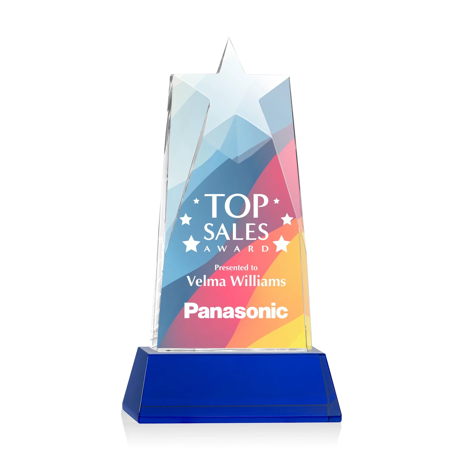 Custom printed Optical Crystal Tower Award with Star-Shaped Cutout for sales achievement awards