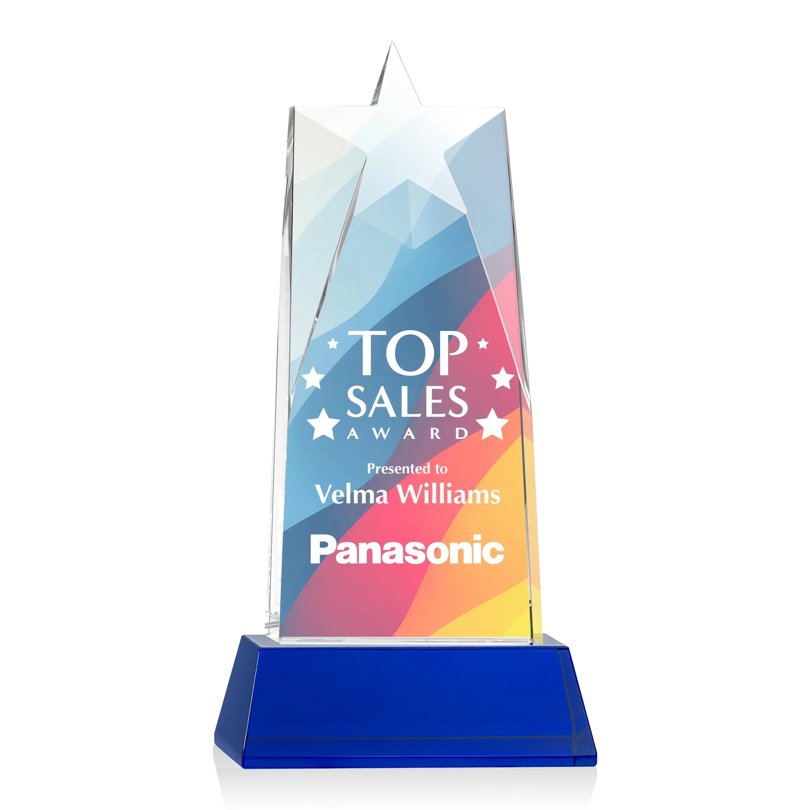 Custom printed Optical Crystal Tower Award with Star-Shaped Cutout for retirement presentations