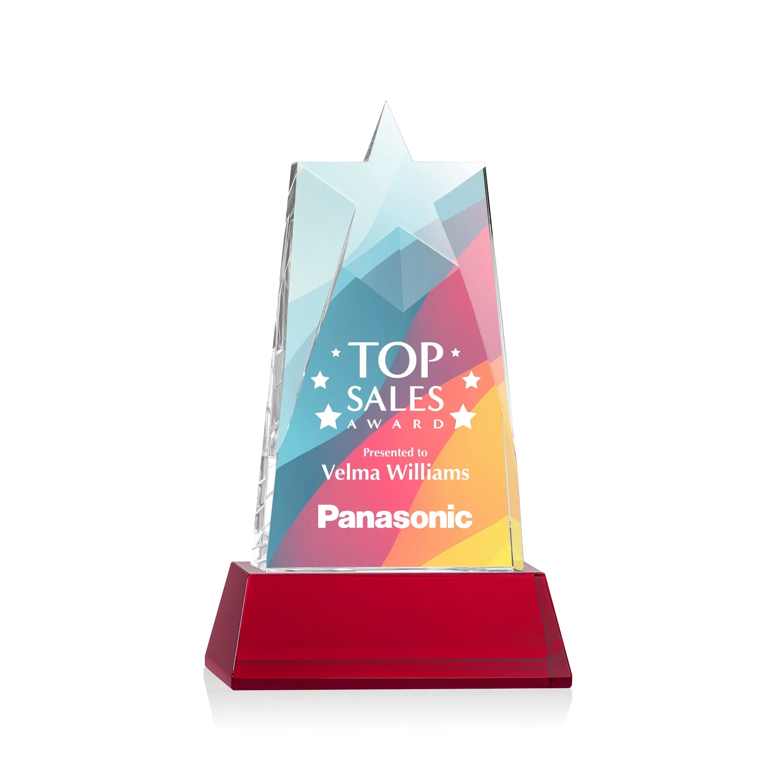 Custom printed Optical Crystal Tower Award with Star-Shaped Cutout for donor appreciation