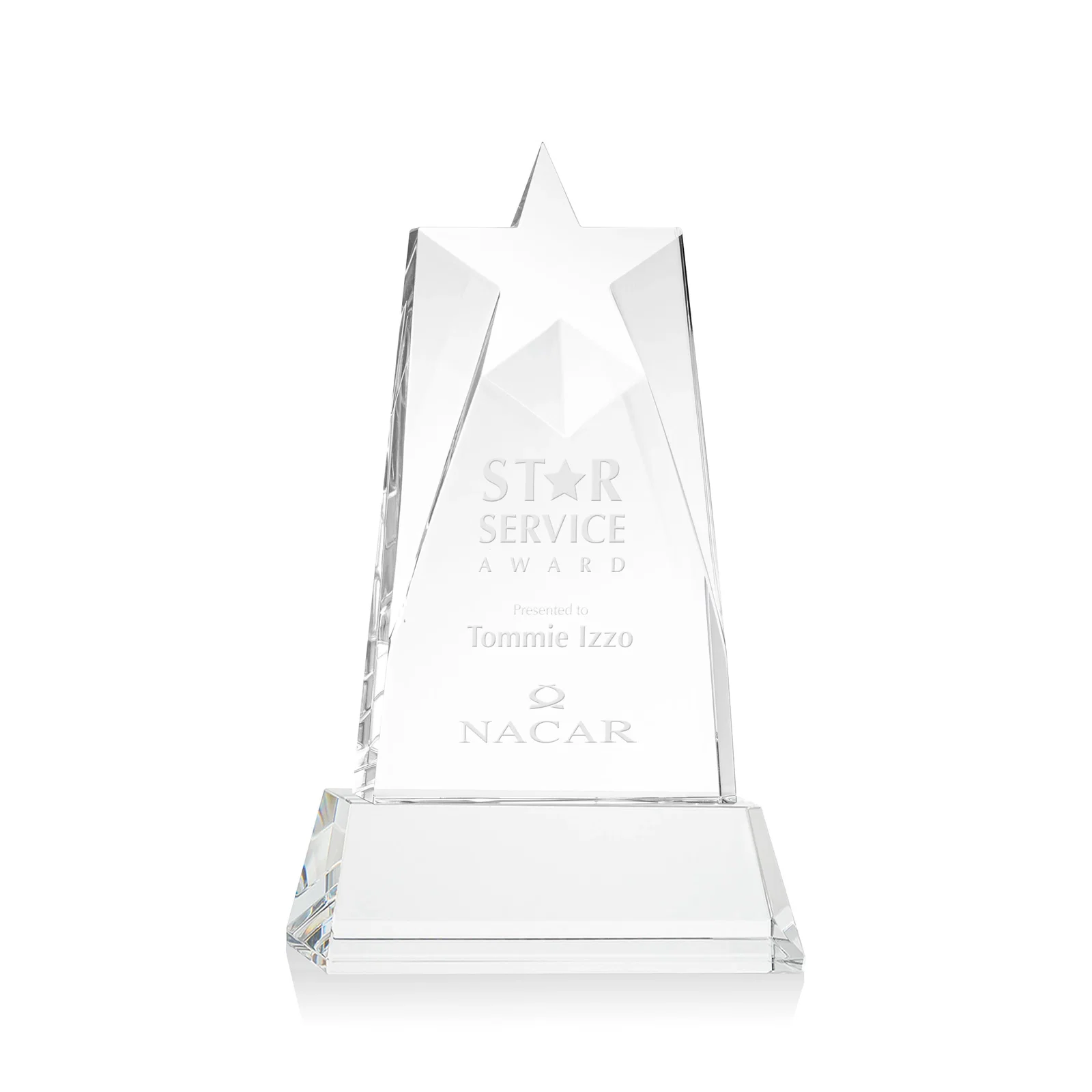 Custom Optical Crystal Tower Award with Star-Shaped Cutout for donor appreciation