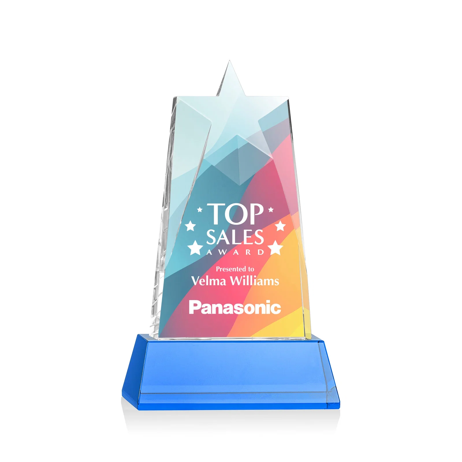 Custom printed Optical Crystal Tower Award with Star-Shaped Cutout for dealer and partner awards