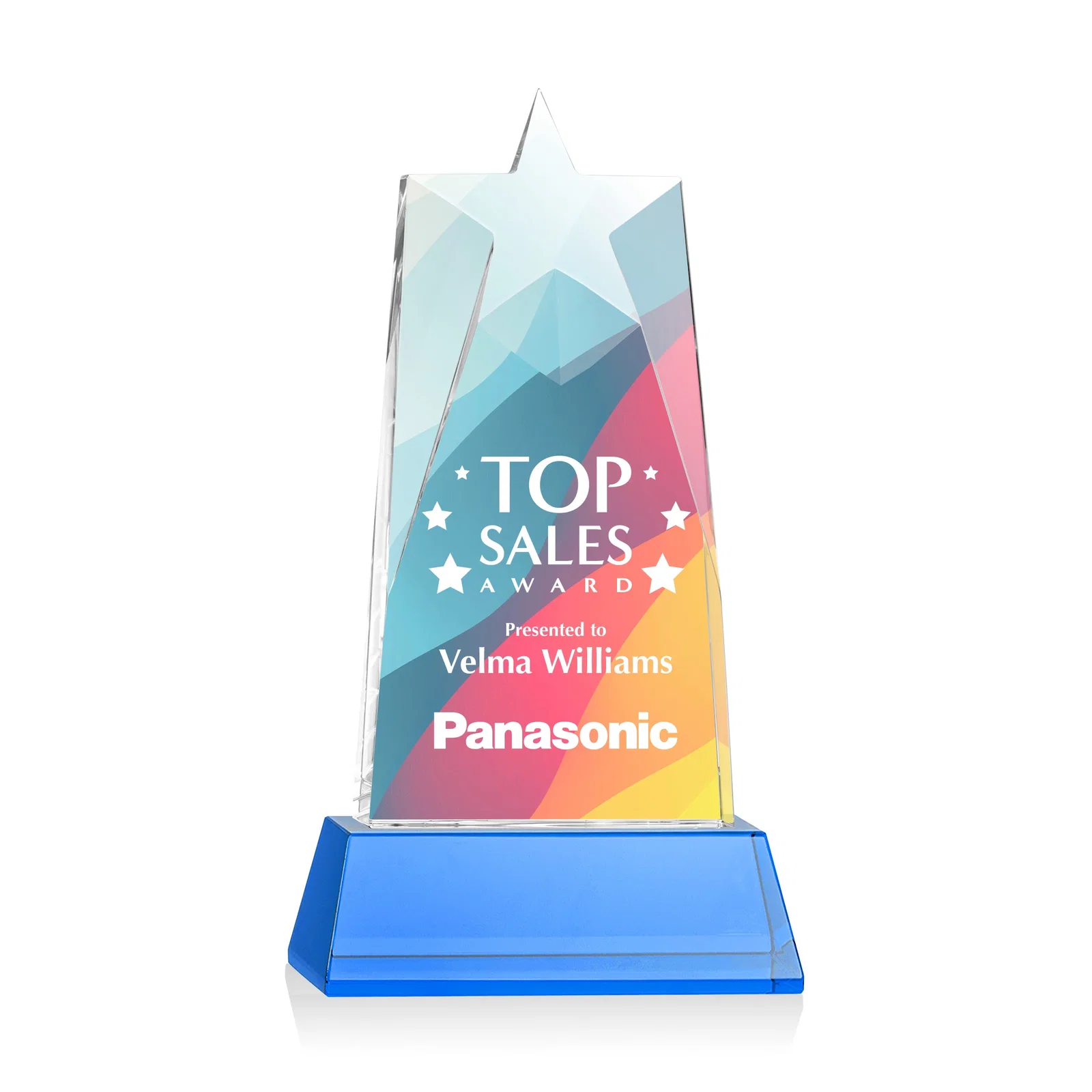 Custom printed Optical Crystal Tower Award with Star-Shaped Cutout for company anniversary events
