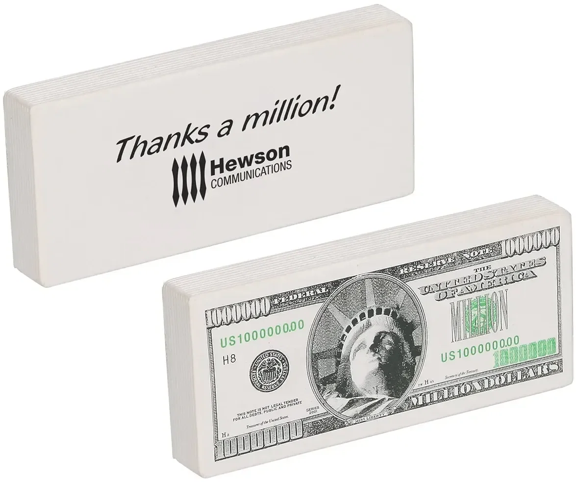 Million Dollar Bill custom stress ball shaped like a rolled banknote, branded finance and prize promotional giveaway