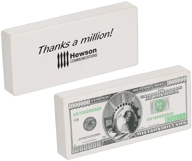 Million Dollar Bill custom stress ball shaped like a rolled banknote, branded finance and prize promotional giveaway