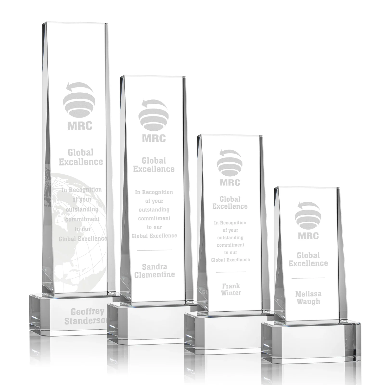Custom Optical Crystal Slant-Front Tower Award on Clear Base, awards for employee recognition