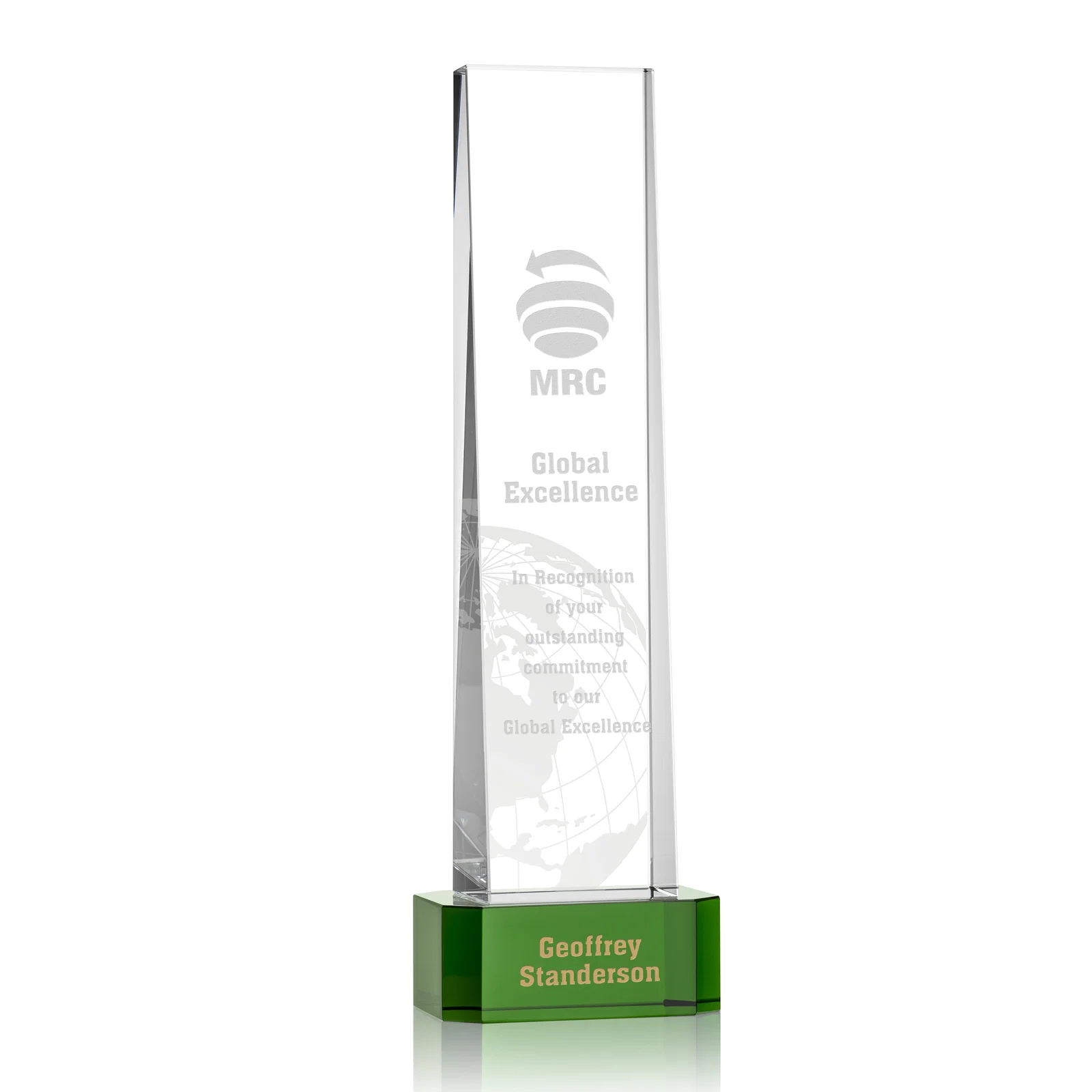 Custom Optical Crystal Slant-Front Tower Award on Clear Base, awards for volunteer appreciation