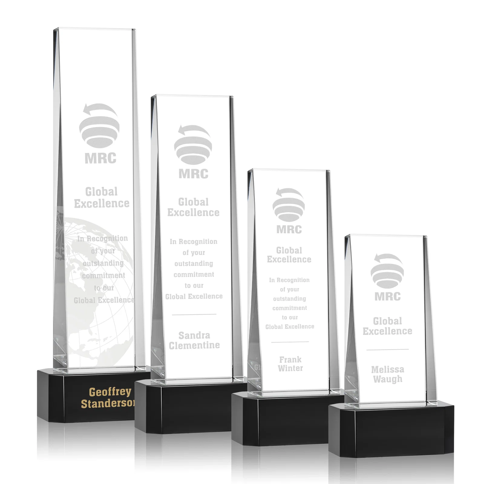 Custom Optical Crystal Slant-Front Tower Award on Clear Base, awards for dealer and partner awards